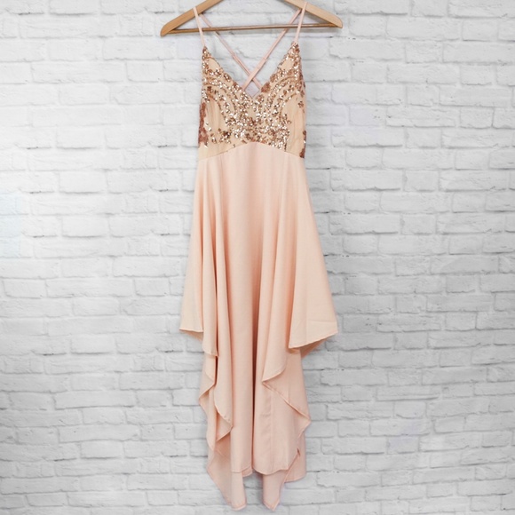 Dresses & Skirts - Rose Gold Sequin Long Dress Asymmetrical Hem Blush